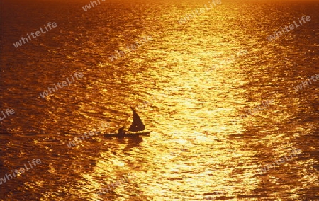 Ein Segelschiff faehrt bei Sonnenuntergang an der Altstadt in Stone Town vorbei, dies in der Hauptstadt Zanzibar Town auf der Insel Zanzibar welche zu Tansania gehoert.         