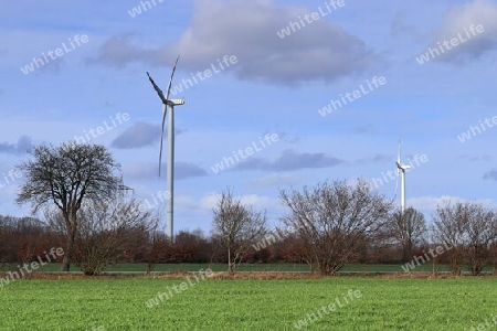 Panoramic view on alternative energy wind mills in a windpark