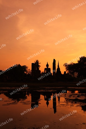 Eine Buddha Figur  im Wat Mahathat Tempel in der Tempelanlage von Alt-Sukhothai in der Provinz Sukhothai im Norden von Thailand in Suedostasien.