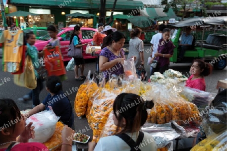 flowers at the flowermarket at the Pak Khlong Markt in Banglamphu in the city of Bangkok in Thailand in Suedostasien.