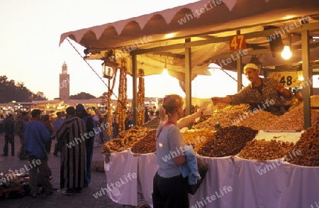 The Streetfood and Nightlife at the Djemma del Fna Square in the old town of Marrakesh in Morocco in North Africa.
