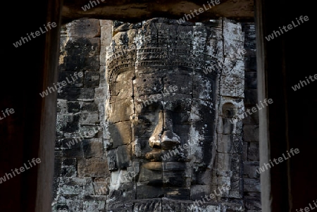 Stone Faces the Tempel Ruin of Angkor Thom in the Temple City of Angkor near the City of Siem Riep in the west of Cambodia.