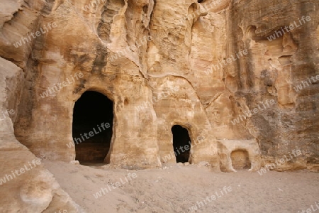 The Treasury of the little Petra in the Temple city of Petra in Jordan in the middle east.