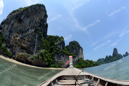 The Hat Tom Sai Beach at Railay near Ao Nang outside of the City of Krabi on the Andaman Sea in the south of Thailand. 