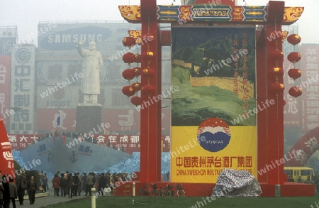 the Statue of Mao on economy fair in the city Square of Chengdu in the provinz Sichuan in centrall China.