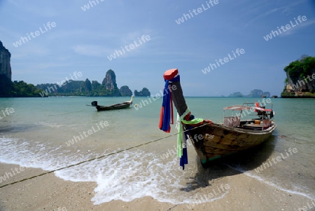 The Hat Tom Sai Beach at Railay near Ao Nang outside of the City of Krabi on the Andaman Sea in the south of Thailand. 