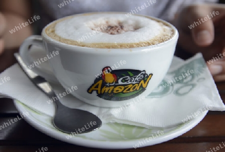 Ein Cafe Capuchino von Cafe Amazon in der Stadt Ubon Ratchathani im nordosten von Thailand in Suedostasien.