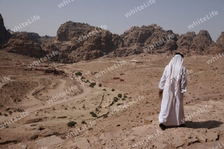 the Landscape at the Royal Tobs in the Temple city of Petra in Jordan in the middle east.