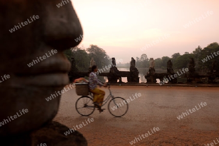 The Bridge at the Angkor Tom Gate in the Temple City of Angkor near the City of Siem Riep in the west of Cambodia.