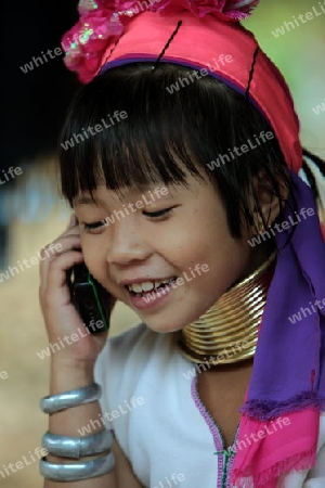 Eine Traditionell gekleidete Langhals Frau eines Paudang Stammes aus Burma lebt in einem Dorf noerdlich von Chiang Mai in Nord Thailand.