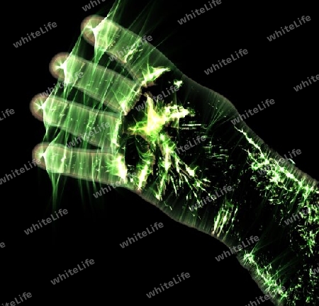 3D-Illustration of a glowing human male hand with a kirlian aura showing different symbols.