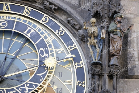 Prager Orloj, astronomische Uhr, Detailaufnahme,   altes Rathaus, Rathausturm, Altstaeder Ring,  Prag,  Tschechien, Boehmen, Tschechische Republik, Europa