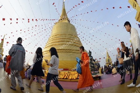 Die Tempelanlage des Goldenen Berg in der Hauptstadt Bangkok von Thailand in Suedostasien.