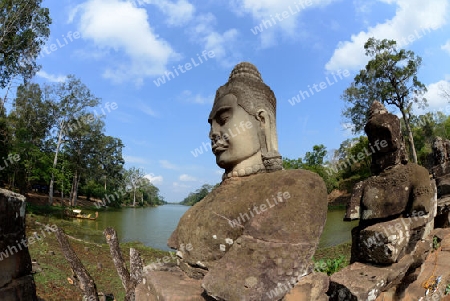 The Bridge at the Angkor Tom Gate in the Temple City of Angkor near the City of Siem Riep in the west of Cambodia.