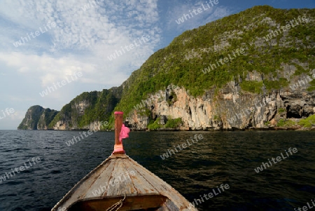 a Boat on the way to Maya Beach  near the Ko Phi Phi Island outside of the City of Krabi on the Andaman Sea in the south of Thailand. 