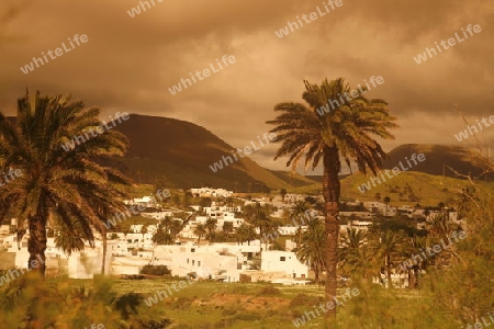 The volcanic Hills near the Village of Haria on the Island of Lanzarote on the Canary Islands of Spain in the Atlantic Ocean.
