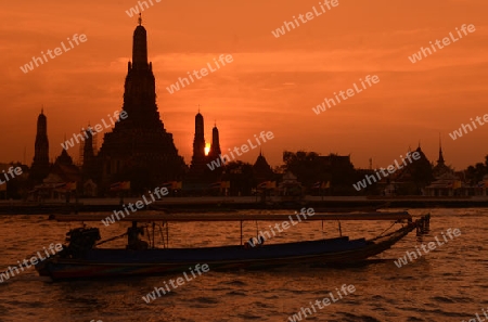 Die Tempelanlage des Wat Arun am Mae Nam Chao Phraya River in der Hauptstadt Bangkok von Thailand in Suedostasien.