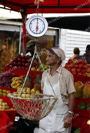 Suedamerika, Karibik, Venezuela, West, Maracaibo, Kolonial, Altstadt, Fruechte, Fruechtemarkt, Markt, Alltag, Paseo de las Ciencias, Mann, Handel, Waage, Senior, Arbeit, Wirtschaft, Landwirtschaft,