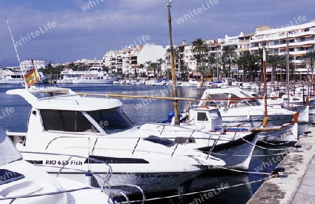 Das Fischerdorf Port de Soler mit dem Bootshafen im Februar im Norden der Insel Mallorca einer der Balearen Inseln im Mittelmeer.     