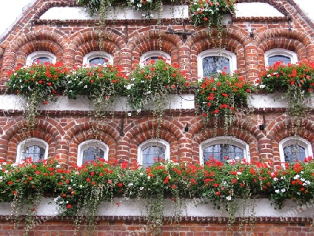 Backsteinhaus mit Geranien