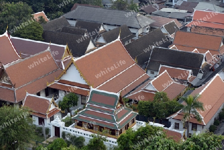 Der Wat Saket unter der Tempelanlage des Goldenen Berg in der Hauptstadt Bangkok von Thailand in Suedostasien.