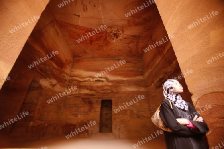 The inaside of the Al Khazneh Treasury in the Temple city of Petra in Jordan in the middle east.