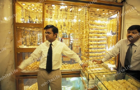 a Gold shop the souq or Market in the old town in the city of Dubai in the Arab Emirates in the Gulf of Arabia.