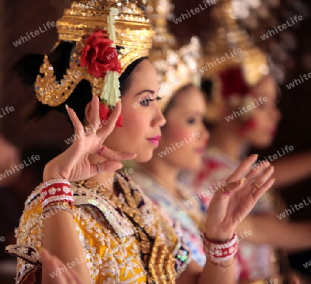 Ein Traditioneller Tanz im Erewan Schrein in der Th Phra Ram 1 Road beim Siam Square in Bangkok der Hauptstadt von Thailand in Suedostasien.