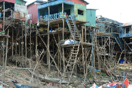 The Lake Village Kompong Pluk at the Lake Tonle Sap near the City of Siem Riep in the west of Cambodia.