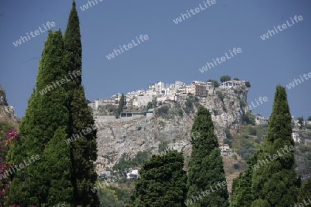 The mountain Village of  Castelmola over the old Town of  Taormina in Sicily in south Italy in Europe.