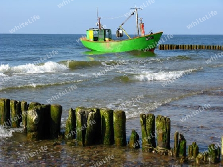 Buhnen und Fischerboot, Insel Wolin