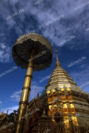 Der Chedi der Tempel Anlage des Wat Phra That Doi Suthep bei Chiang Mai in der Provinz Chiang Mai im Norden von Thailand in Suedostasien.