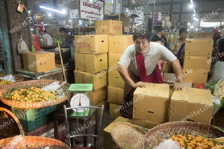 a fruit market in a Market near the City of Yangon in Myanmar in Southeastasia.