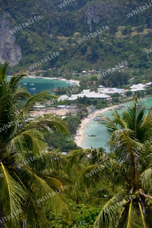 The view from the Viewpoint on the Town of Ko PhiPhi on Ko Phi Phi Island outside of the City of Krabi on the Andaman Sea in the south of Thailand. 