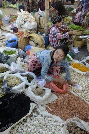 The Market in the village of Ywama at the Inle Lake in the Shan State in the east of Myanmar in Southeastasia.