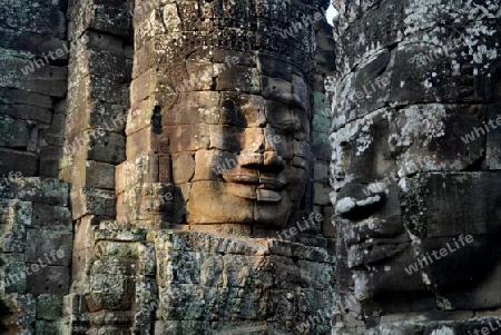 Stone Faces the Tempel Ruin of Angkor Thom in the Temple City of Angkor near the City of Siem Riep in the west of Cambodia.