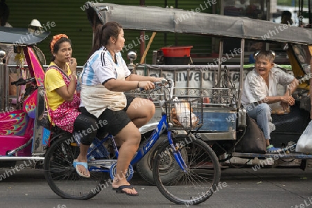 Bicycle Ricksha Taxis at the morning Market in Nothaburi in the north of city of Bangkok in Thailand in Southeastasia.