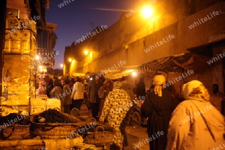 a smal Marketroad in the Medina of old City in the historical Town of Fes in Morocco in north Africa.