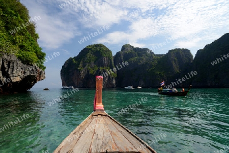 a Boat on the way to Maya Beach  near the Ko Phi Phi Island outside of the City of Krabi on the Andaman Sea in the south of Thailand. 