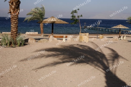 the coast with a Beach in the city of Aqaba on the red sea in Jordan in the middle east.