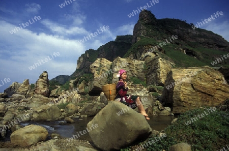 Das Naturwunder und die bizarren Felsformationen an der Kueste von Yehliu bei Keelung im norden der Insel Taiwan.