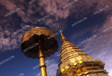 Der Chedi der Tempel Anlage des Wat Phra That Doi Suthep bei Chiang Mai in der Provinz Chiang Mai im Norden von Thailand in Suedostasien.