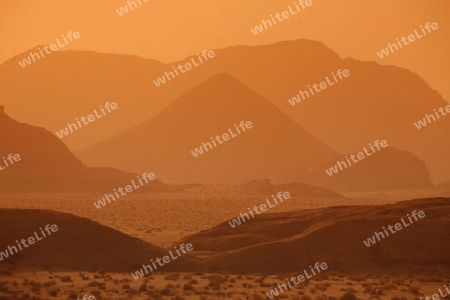 The Landscape on evening in the Wadi Rum Desert in Jordan in the middle east.