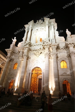 The Piazza del Domo in the old Town of Siracusa in Sicily in south Italy in Europe.