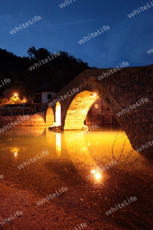 Die Landschaft mit der Steinbruecke am Ufer des Skadar See oder Skadarsko Jezero ini Rijeka Crnojevica in Montenegro in Europa. 