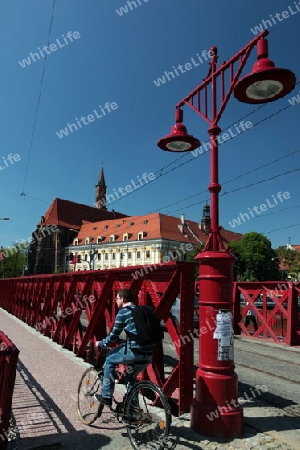 Eine Staalbruecke ueber dem Fluss Oder in der Innenstadt von Wroclaw oder Breslau im westen von Polen.  