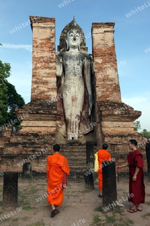 Eine stehende Buddha Figur  im Wat Mahathat Tempel in der Tempelanlage von Alt-Sukhothai in der Provinz Sukhothai im Norden von Thailand in Suedostasien.