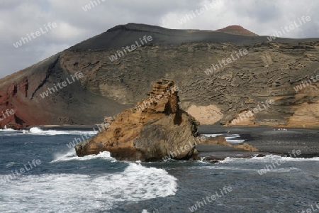 the Landscape of El Golfo on the Island of Lanzarote on the Canary Islands of Spain in the Atlantic Ocean. on the Island of Lanzarote on the Canary Islands of Spain in the Atlantic Ocean.
