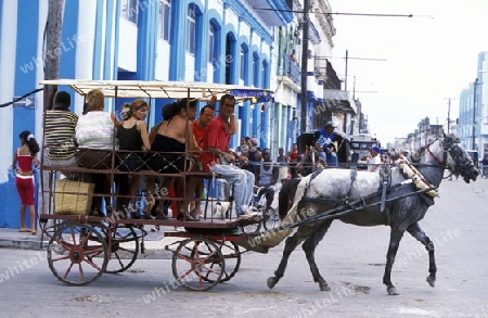 a horse cart Taxi transport in the old town of cardenas in the provine of Matanzas on Cuba in the caribbean sea.