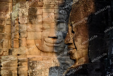 Stone Faces the Tempel Ruin of Angkor Thom in the Temple City of Angkor near the City of Siem Riep in the west of Cambodia.